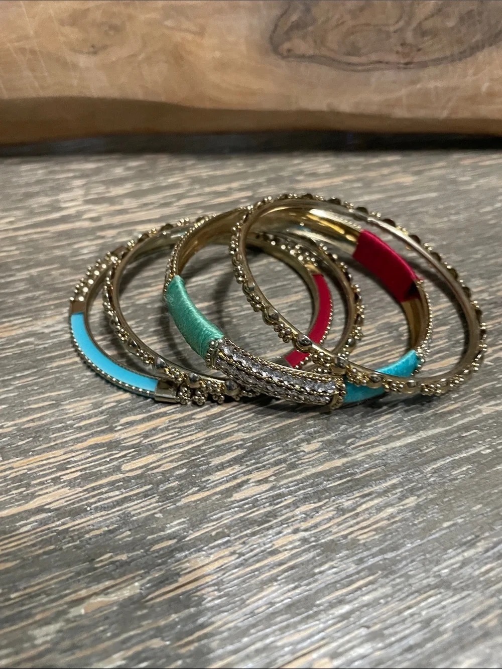 Gold Tone Multi-Color Bangle Set with Turquoise and Red Accents